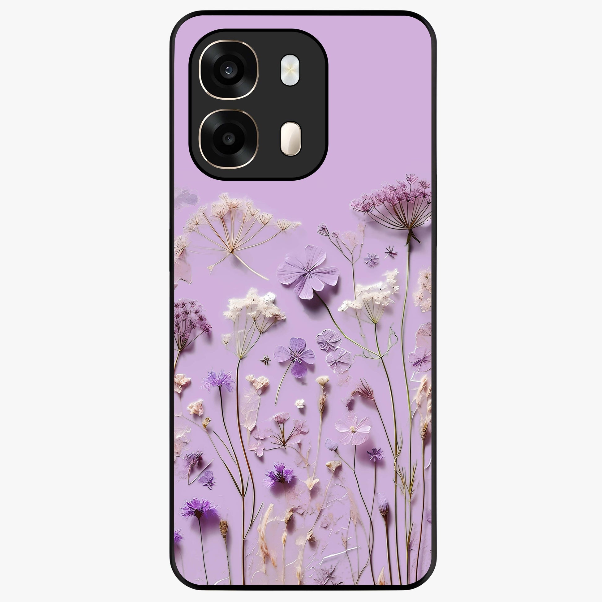 Lavender Blossom Dream Glass Case showing flat back view with soft lavender floral artwork and glossy glass finish.