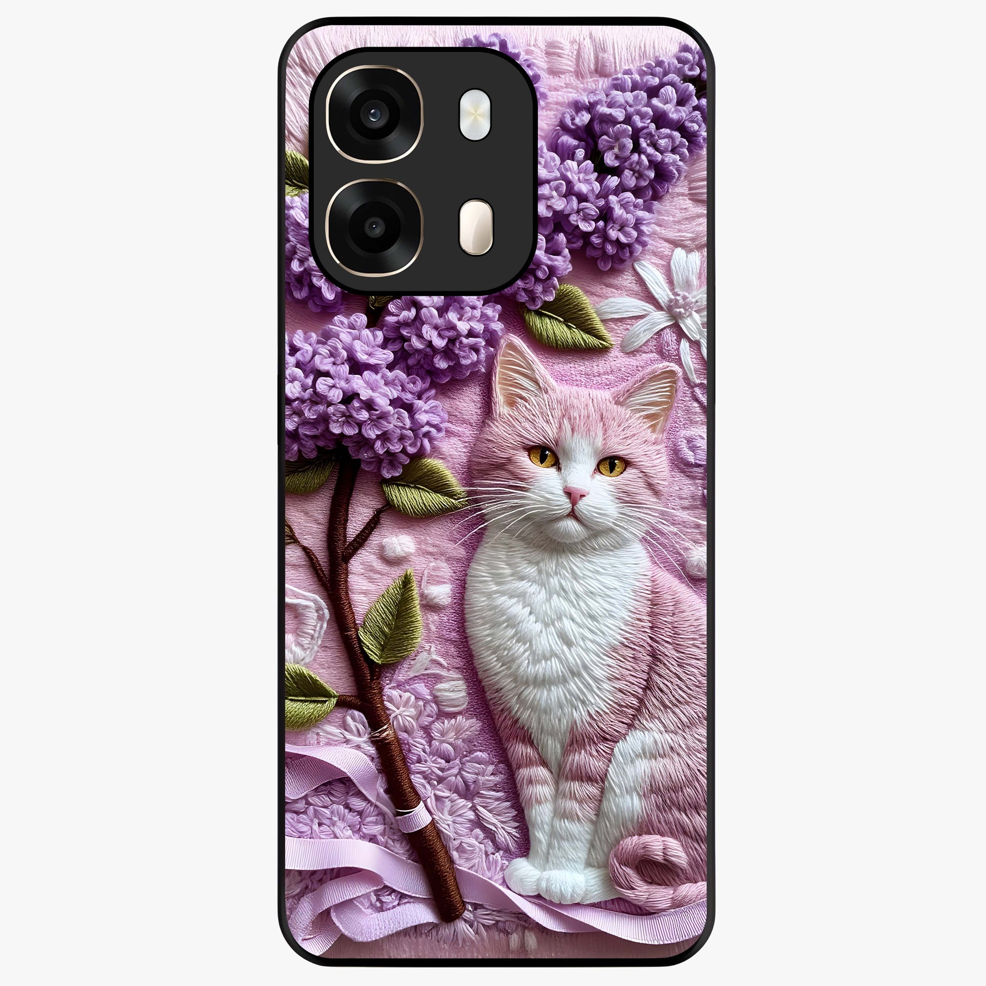 Lavender Cat Whimsy Glass Case showing flat back view with cute lavender cat artwork and glossy glass finish.