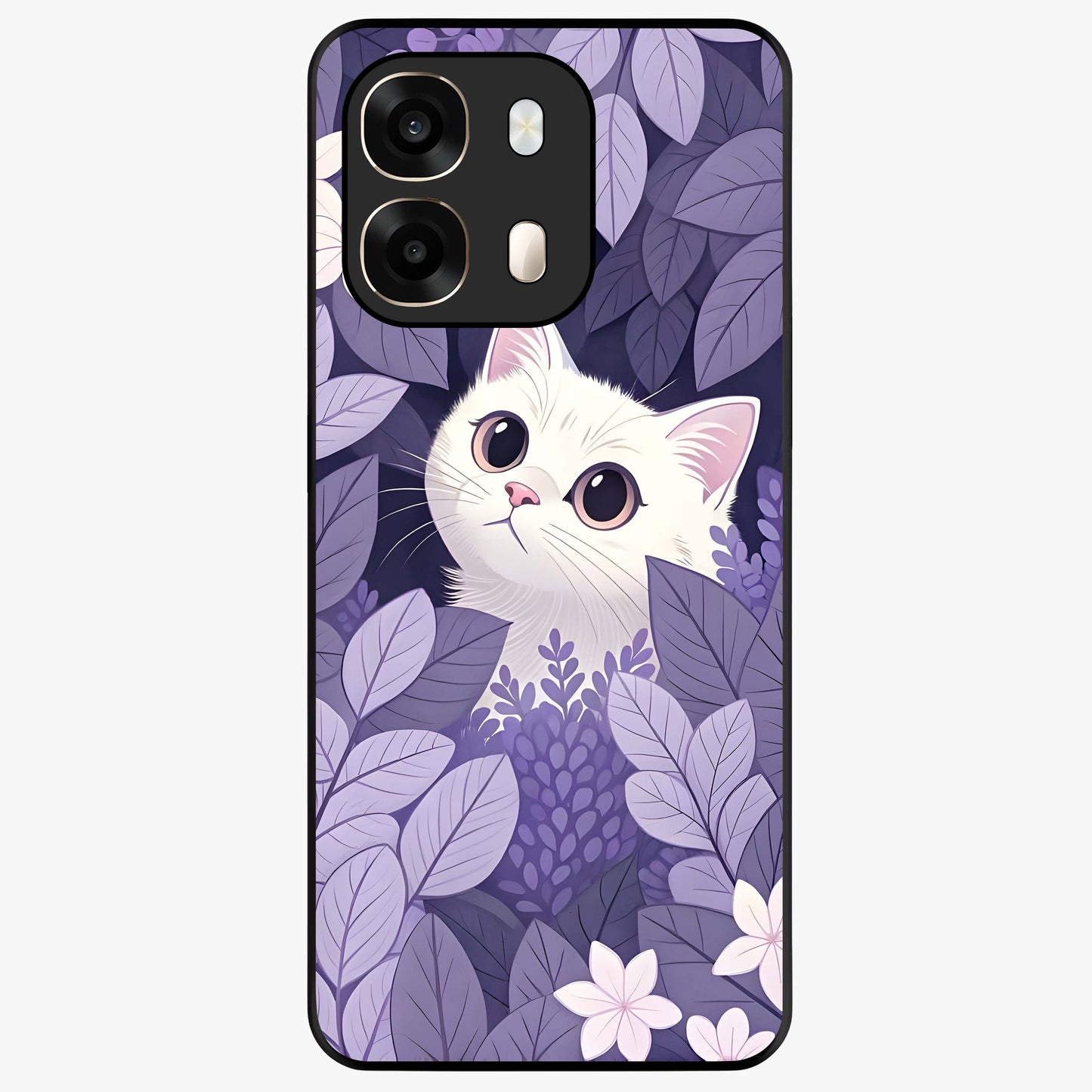 Lilac Hide Peek Cat Glass Case showing flat back view with cute peeking cat artwork and glossy glass finish.