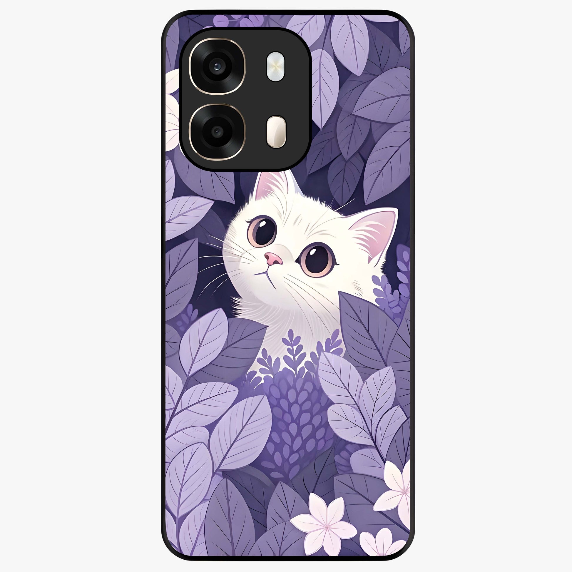 Lilac Hide Peek Cat Glass Case showing flat back view with cute peeking cat artwork and glossy glass finish.