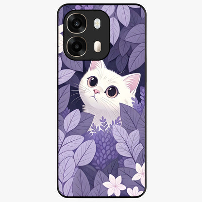 Lilac Hide Peek Cat Glass Case showing flat back view with cute peeking cat artwork and glossy glass finish.