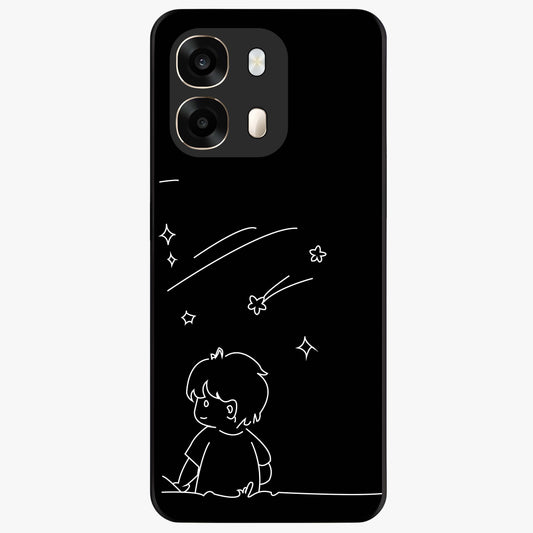 Line Art Boy With Shooting Stars Glass Case showing flat back view with minimal line art boy and shooting stars illustration and glossy glass finish.