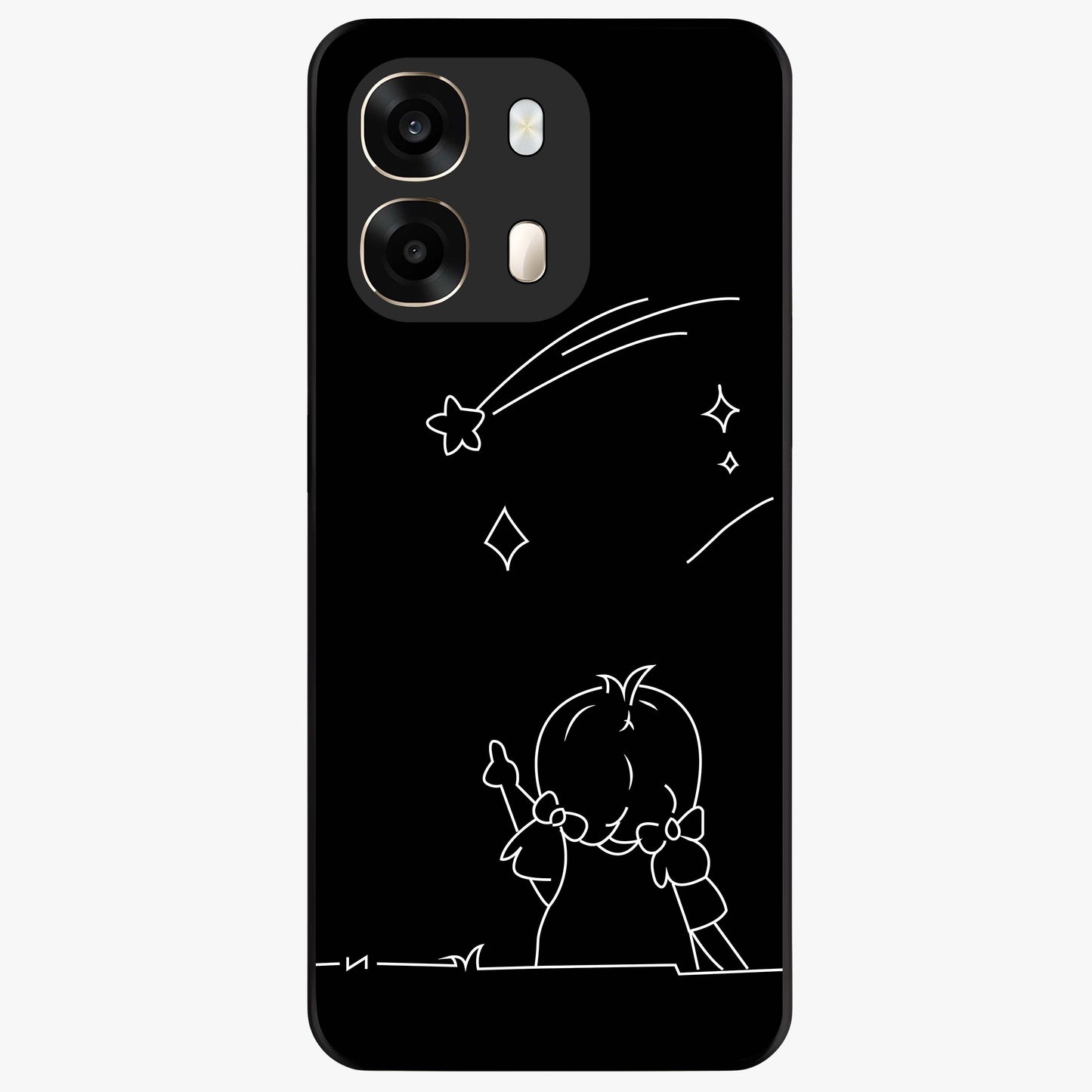 Line Art Girl With Shooting Stars Glass Case showing flat back view with minimal line art girl and shooting stars illustration and glossy glass finish.