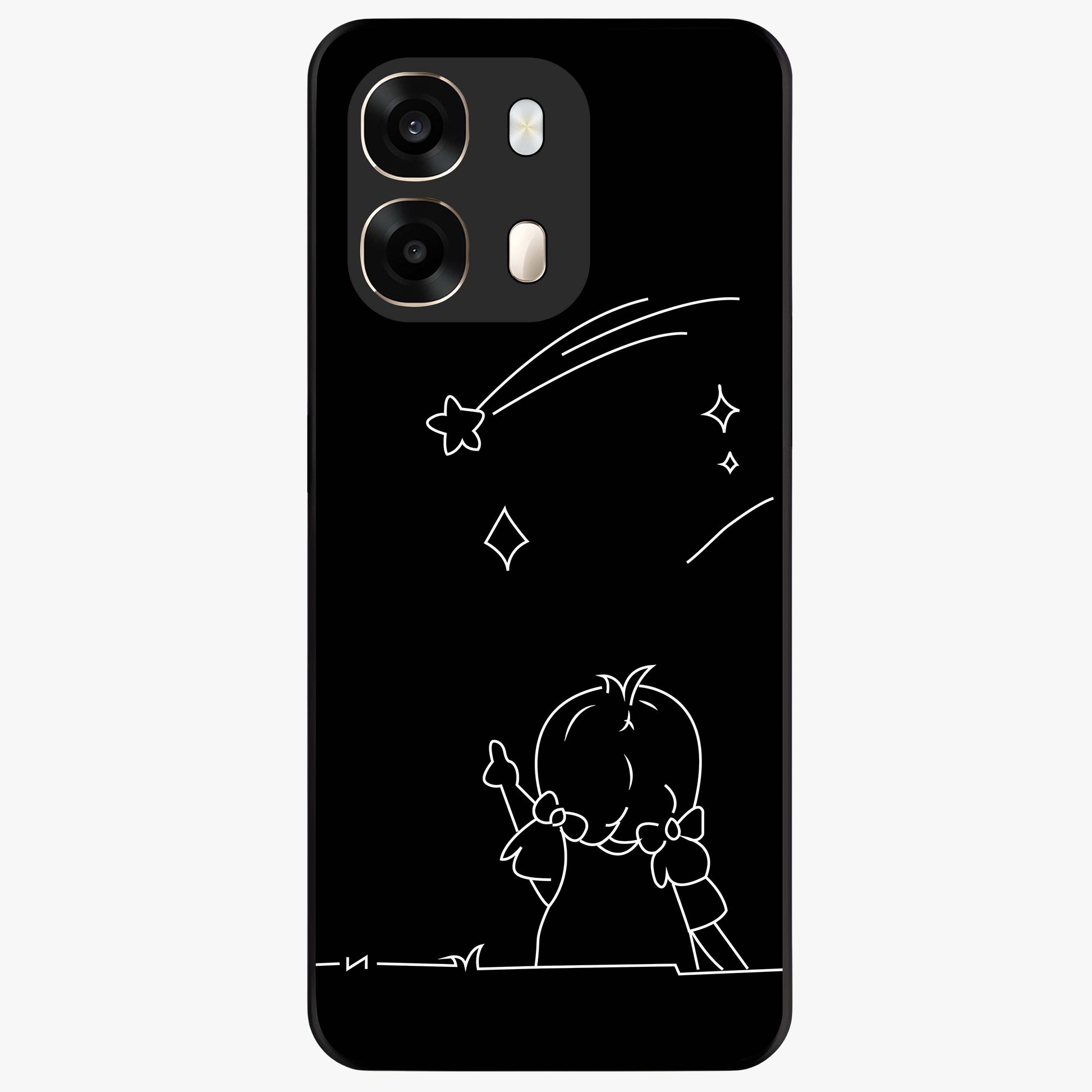 Line Art Girl With Shooting Stars Glass Case showing flat back view with minimal line art girl and shooting stars illustration and glossy glass finish.