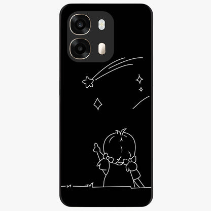 Line Art Girl With Shooting Stars Glass Case showing flat back view with minimal line art girl and shooting stars illustration and glossy glass finish.