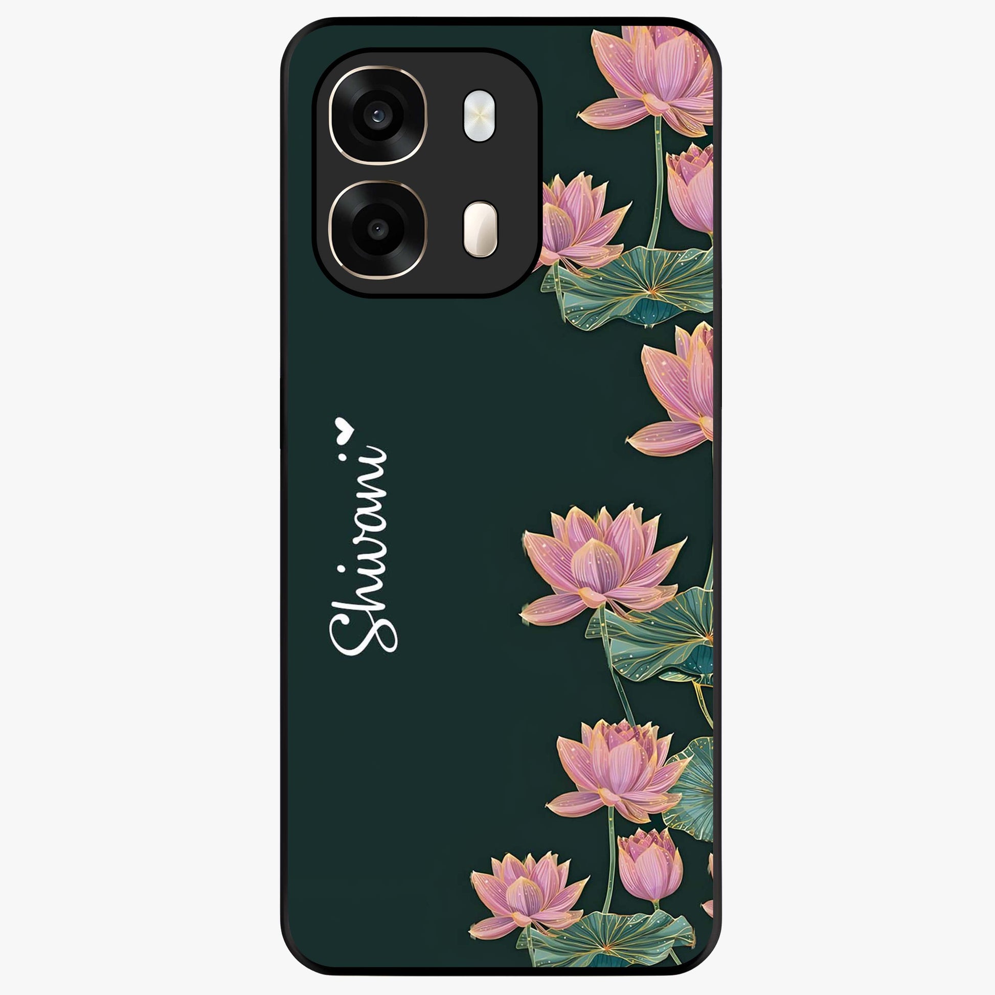 Lotus Bloom Serenity Custom Name Glass Case showing flat back view with elegant lotus flower artwork and personalized name design.