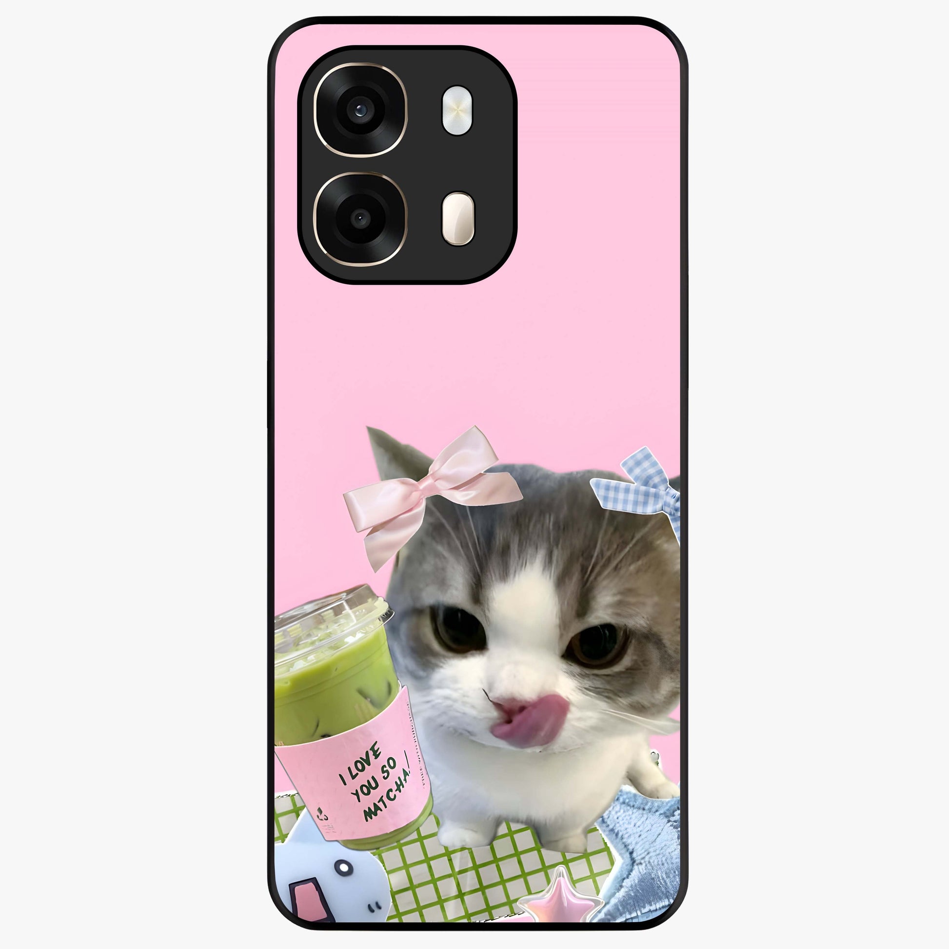 Love Matcha Cat Glass Case showing flat back view with cute cat and matcha themed artwork and glossy glass finish.