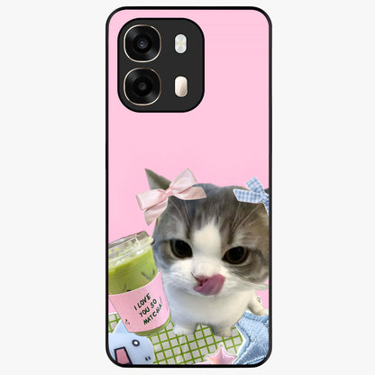 Love Matcha Cat Glass Case showing flat back view with cute cat and matcha themed artwork and glossy glass finish.