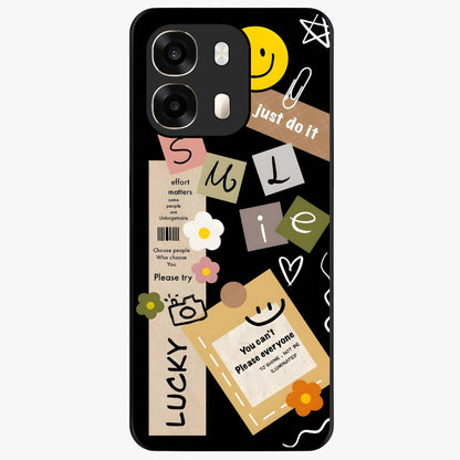Lucky Aesthetic Collage Glass Case showing flat back view with trendy aesthetic collage artwork and glossy glass finish.