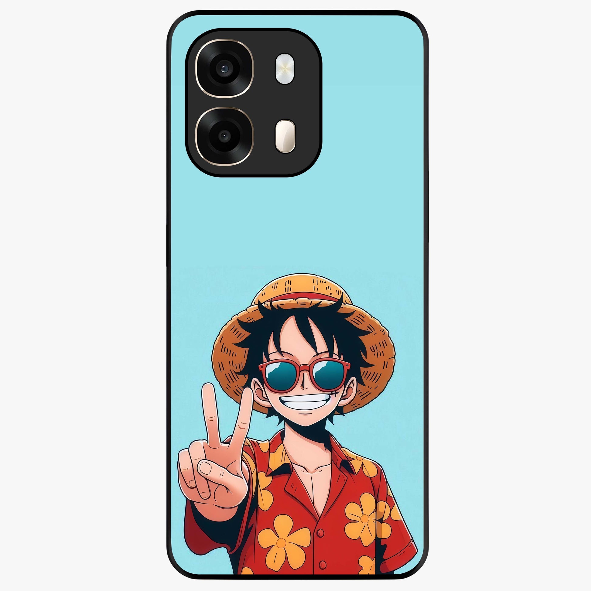 Luffy Summer Anime Vibe Glass Case showing flat back view with vibrant anime character artwork and glossy glass finish.