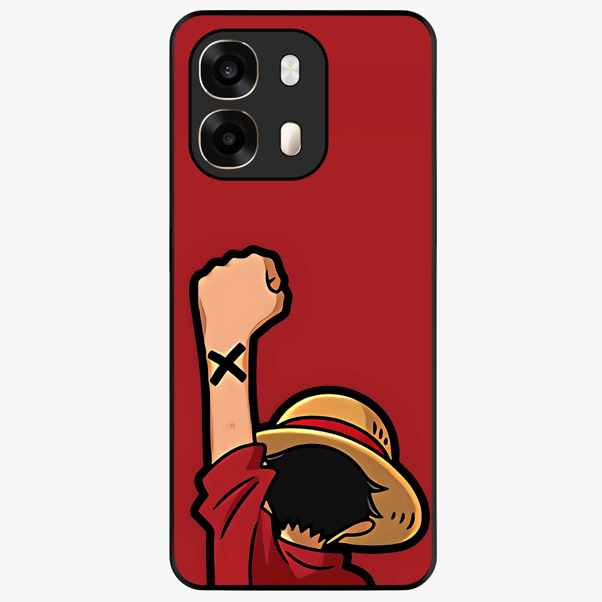 Luffy X Spirit Glass Case showing flat back view with bold anime character artwork and glossy glass finish.