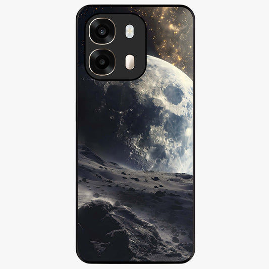 Lunar Horizon Glow Glass Case showing flat back view with glowing moon horizon artwork and glossy glass finish.