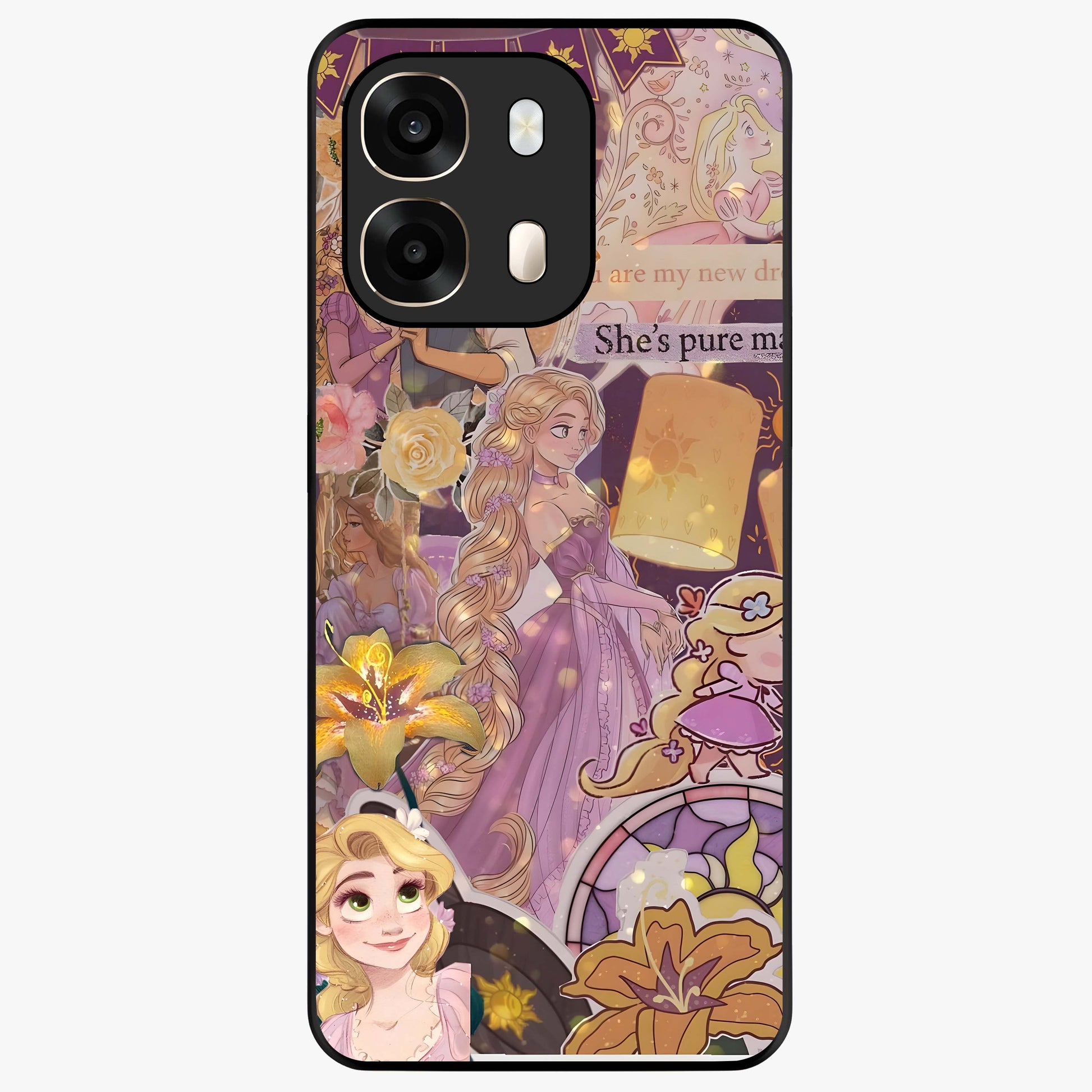 Magical Tangled Dream Glass Case showing flat back view with dreamy tangled artwork and glossy glass finish.