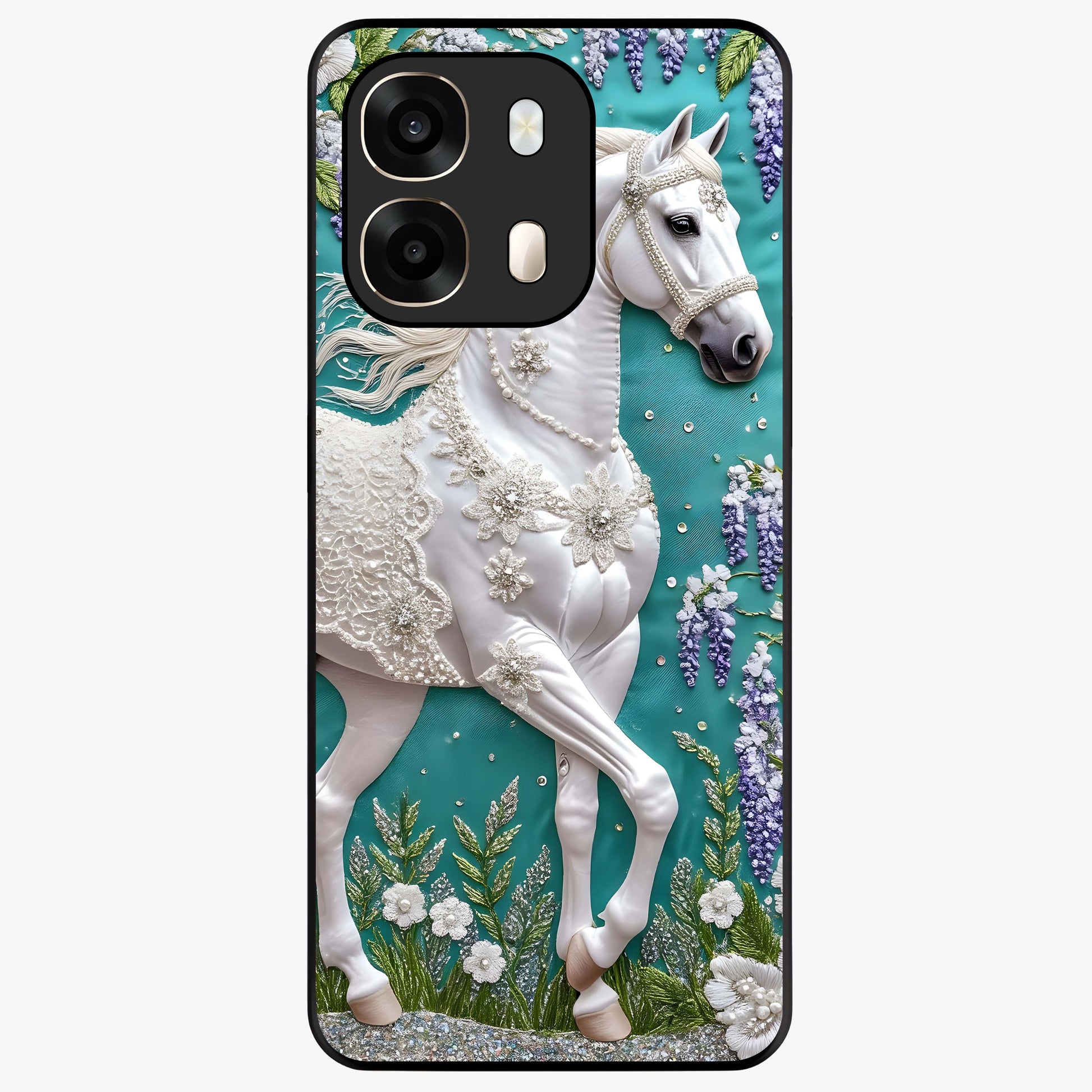 Majestic Floral Stallion Glass Case showing flat back view with powerful horse and floral artwork and glossy glass finish.