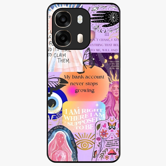 Manifestation Collage Glass Case showing flat back view with motivational collage artwork and glossy glass finish.