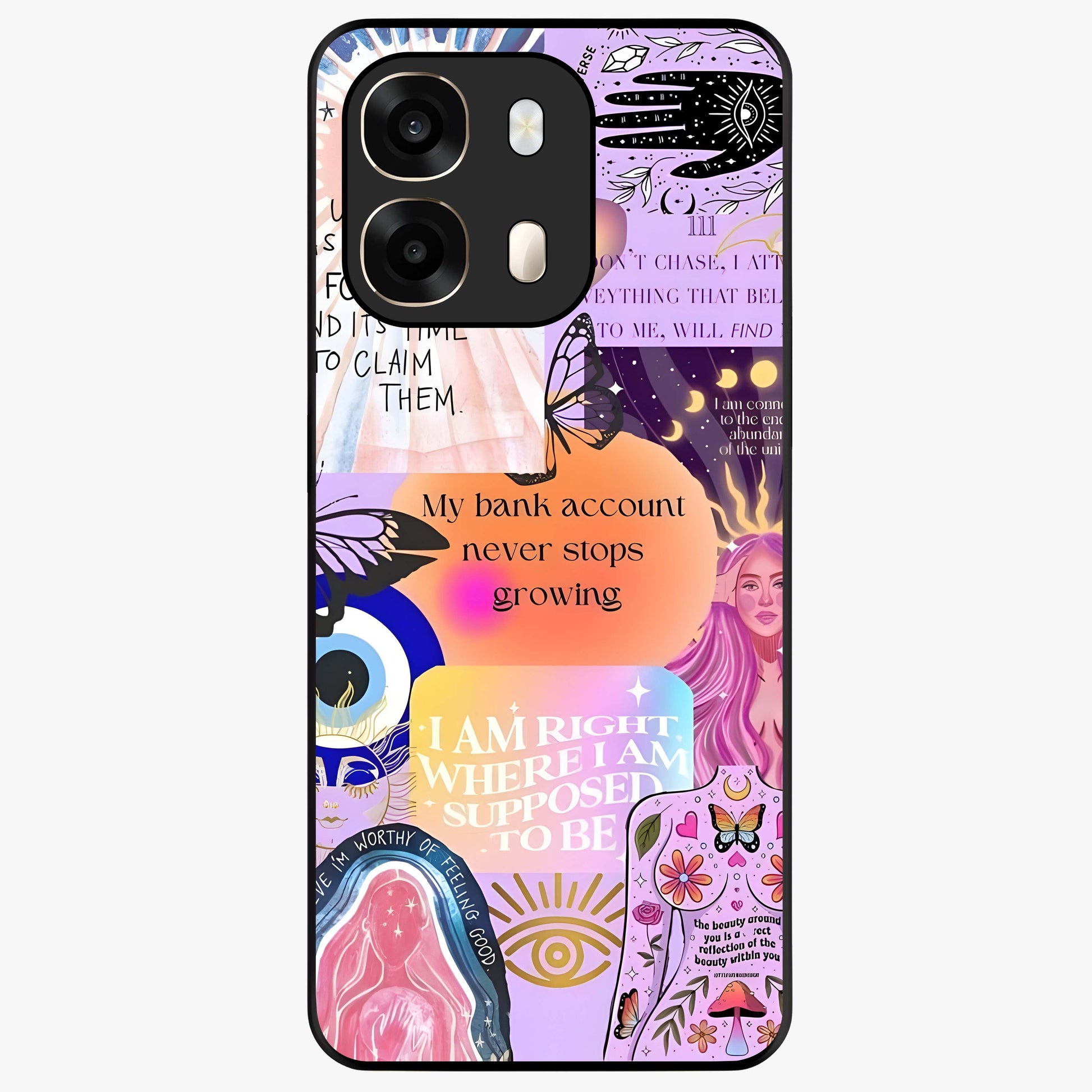 Manifestation Collage Glass Case showing flat back view with motivational collage artwork and glossy glass finish.