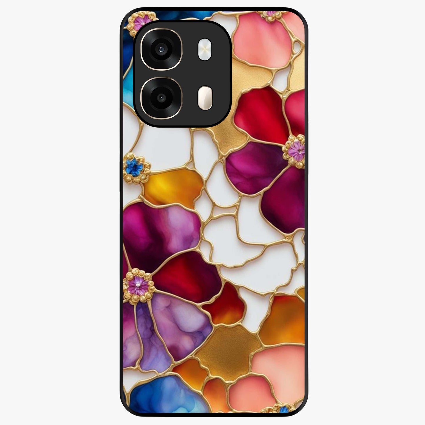 Marble Flower Pattern Glass Case showing flat back view with marble texture floral artwork and glossy glass finish.