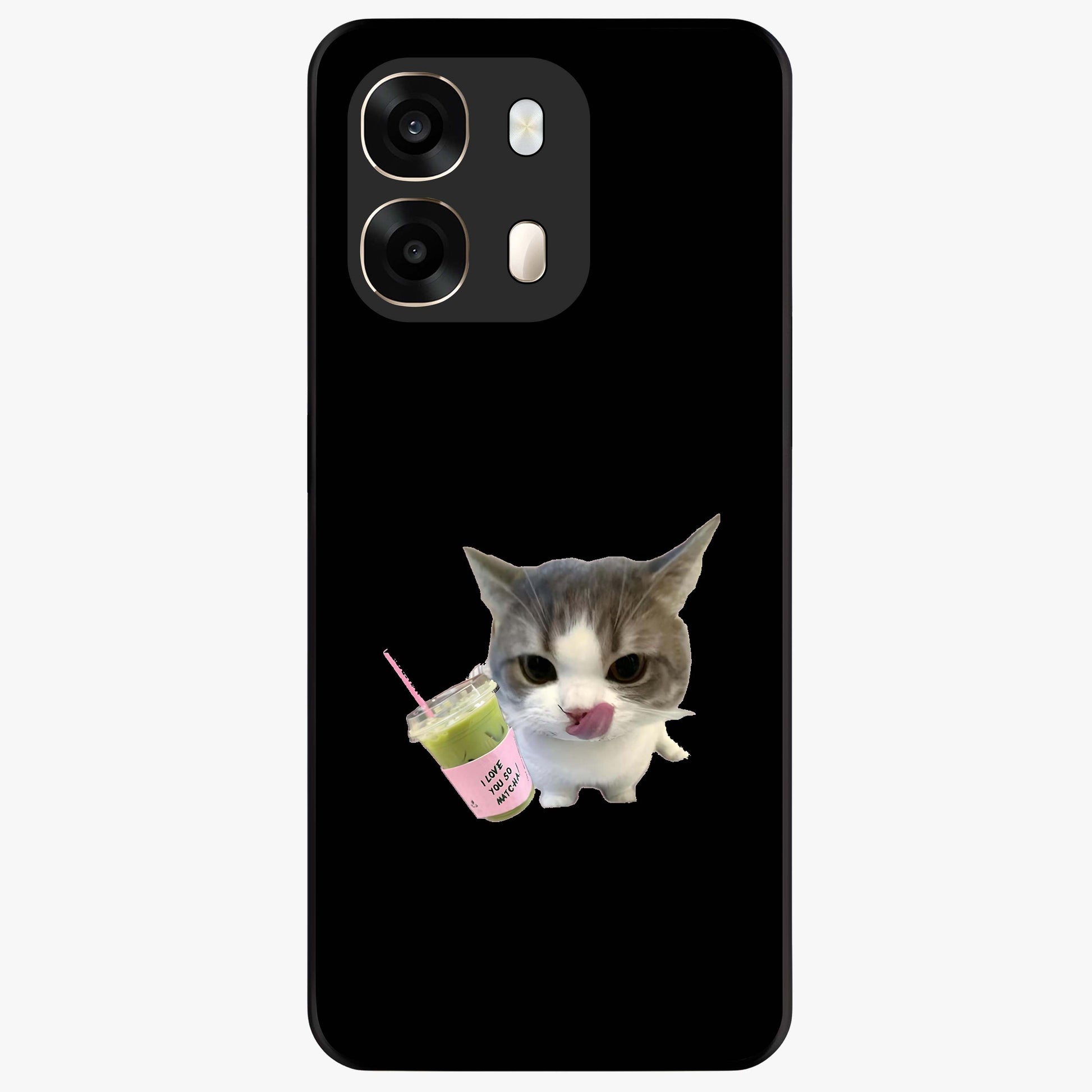Matcha Cat Style Glass Case showing flat back view with cute matcha themed cat artwork and glossy glass finish.