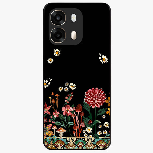 Midnight Bloom Pattern Glass Case showing flat back view with dark floral pattern artwork and glossy glass finish.
