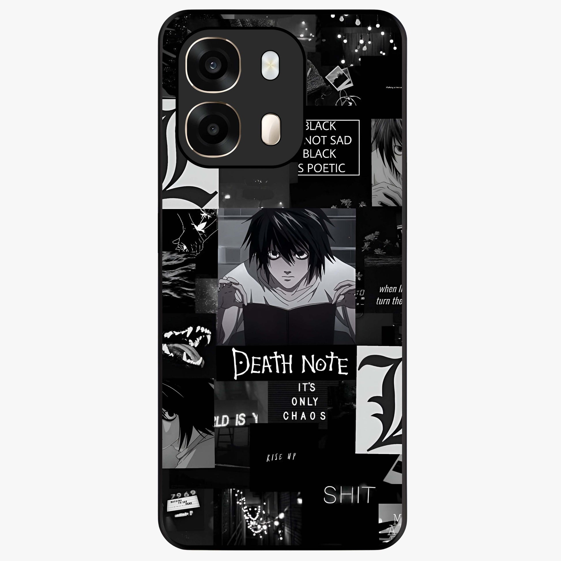 Midnight Chaos Mind Glass Case showing flat back view with abstract dark themed artwork and glossy glass finish.