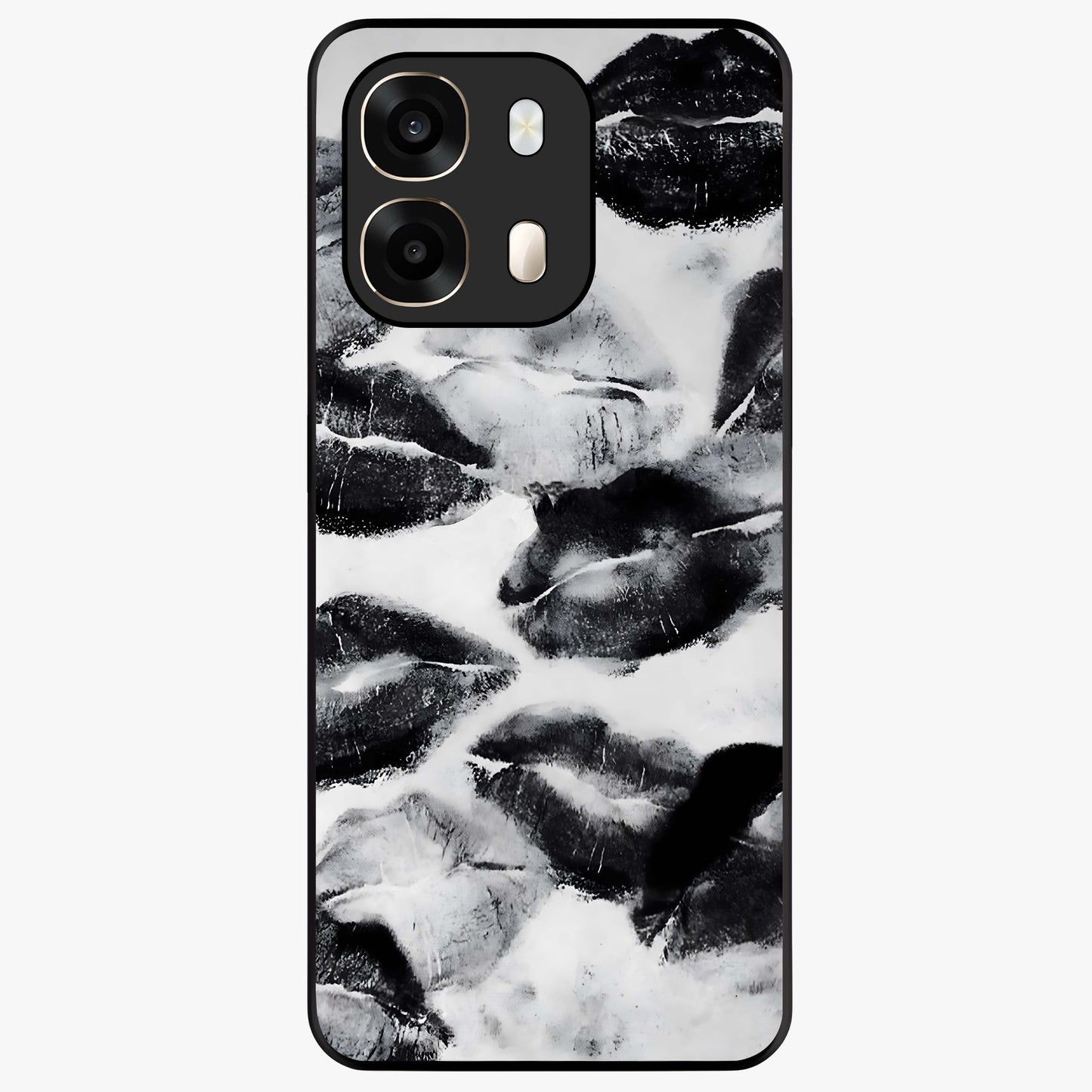 Midnight Kiss Marks Glass Case showing flat back view with lipstick kiss mark artwork and glossy glass finish.