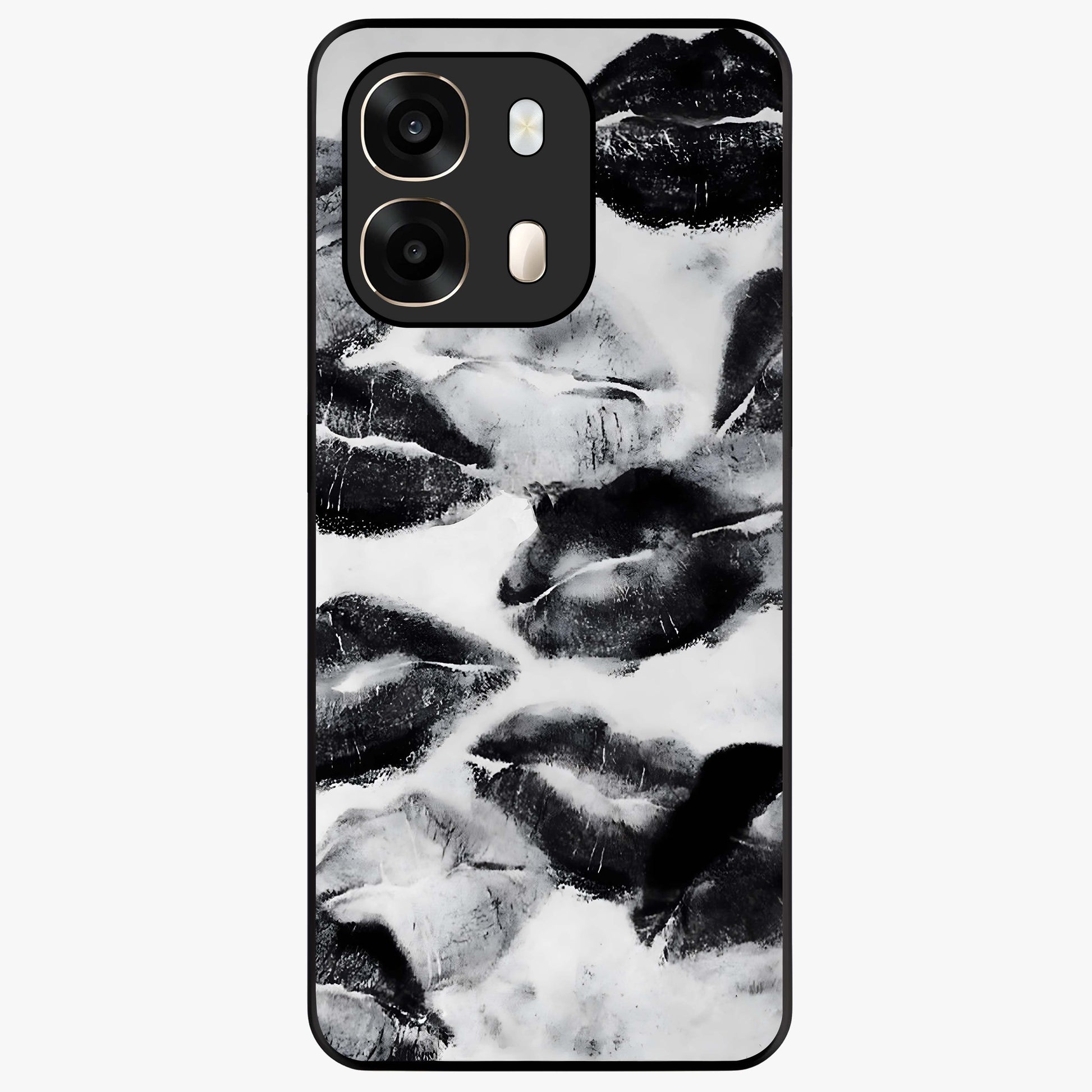 Midnight Kiss Marks Glass Case showing flat back view with lipstick kiss mark artwork and glossy glass finish.
