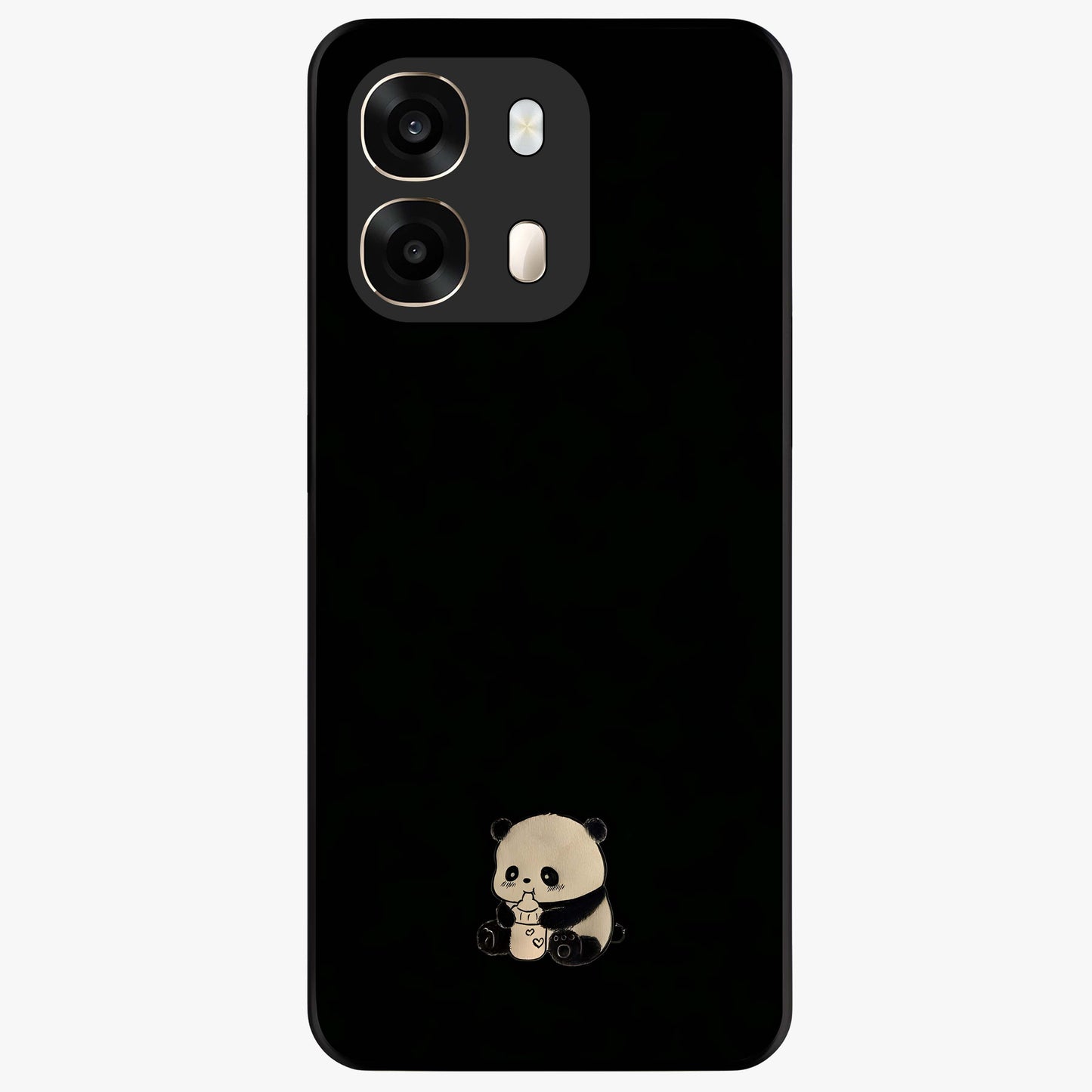 Midnight Panda Love Glass Case showing flat back view with cute panda themed artwork and glossy glass finish.