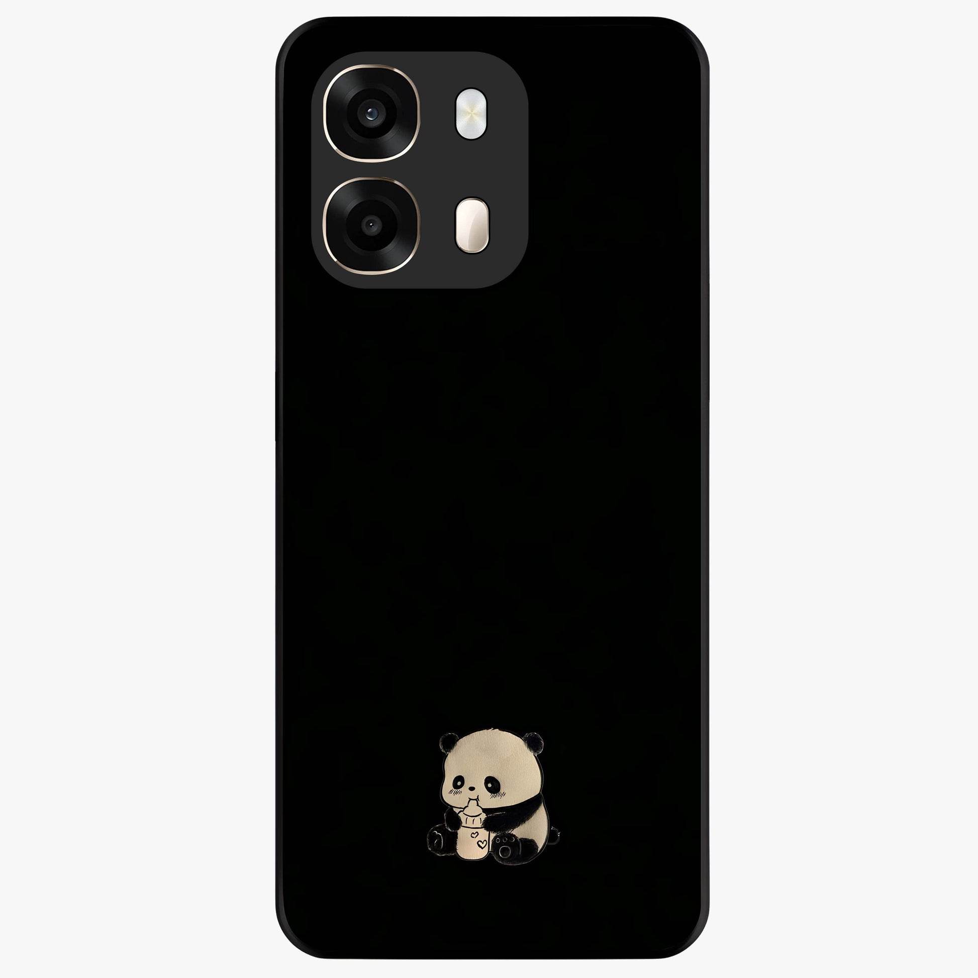 Midnight Panda Love Glass Case showing flat back view with cute panda themed artwork and glossy glass finish.