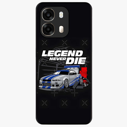 Midnight Racing Legacy Glass Case showing flat back view with sleek racing inspired artwork and glossy glass finish.