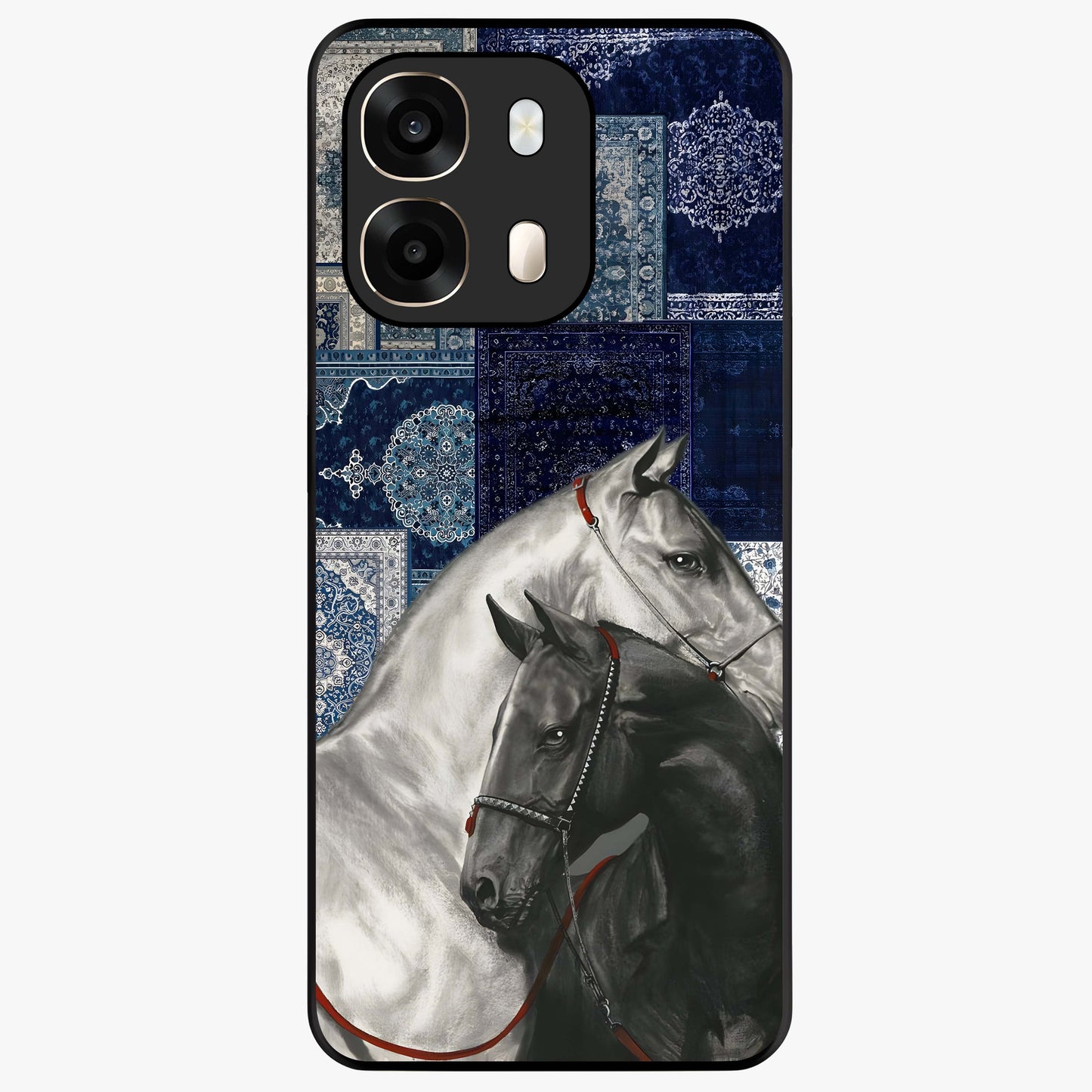 Midnight Stallion Blues Glass Case showing flat back view with majestic horse artwork and glossy glass finish.
