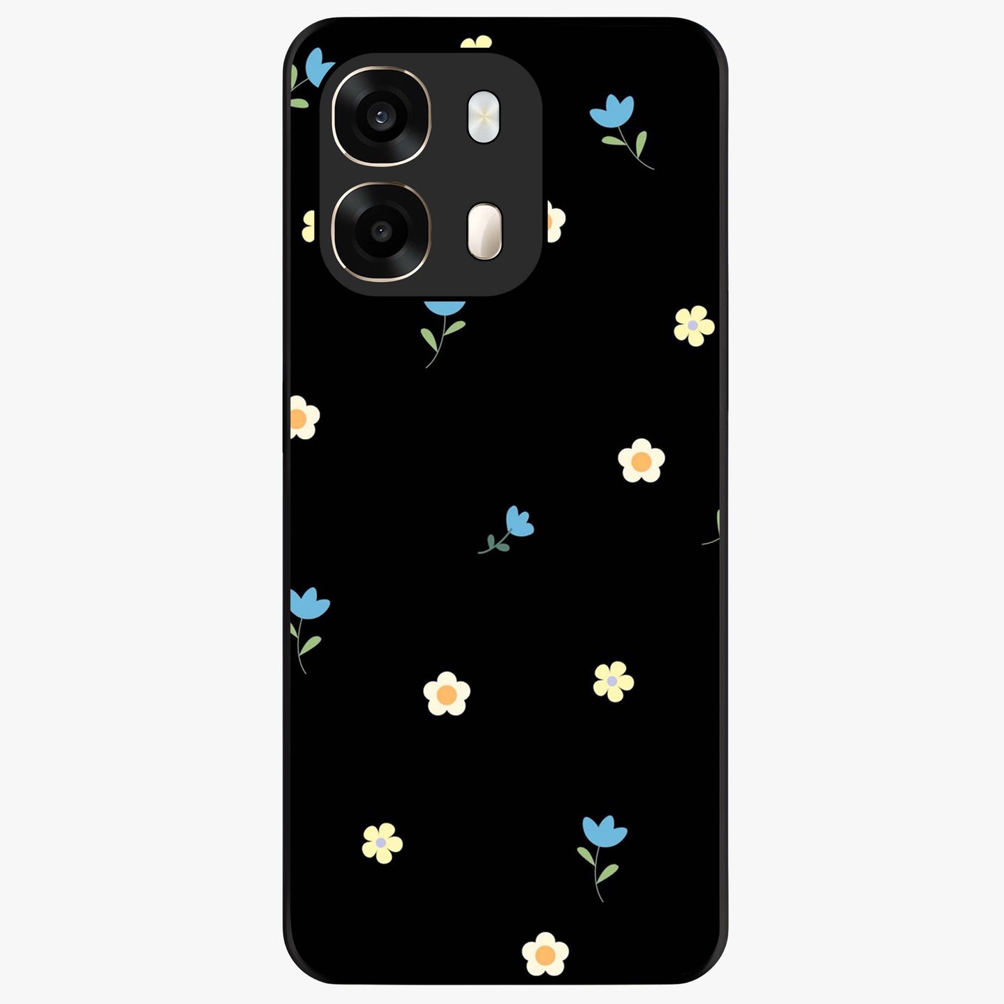 Minimalistic Blue With White Flower Pattern Glass Case showing flat back view with blue background and white flower pattern and glossy glass finish.