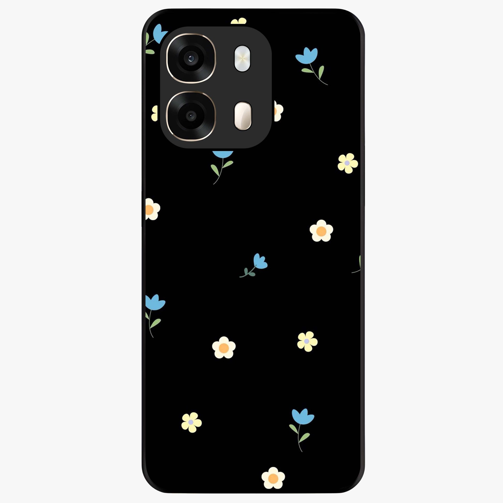 Minimalistic Blue With White Flower Pattern Glass Case showing flat back view with blue background and white flower pattern and glossy glass finish.