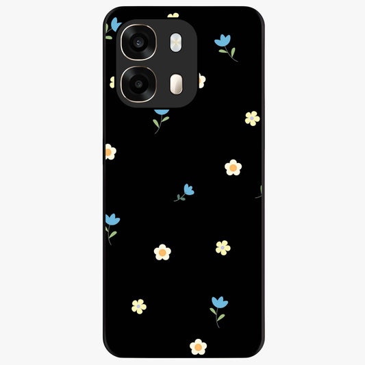 Minimalistic Blue With White Flower Pattern Glass Case showing flat back view with blue background and white flower pattern and glossy glass finish.