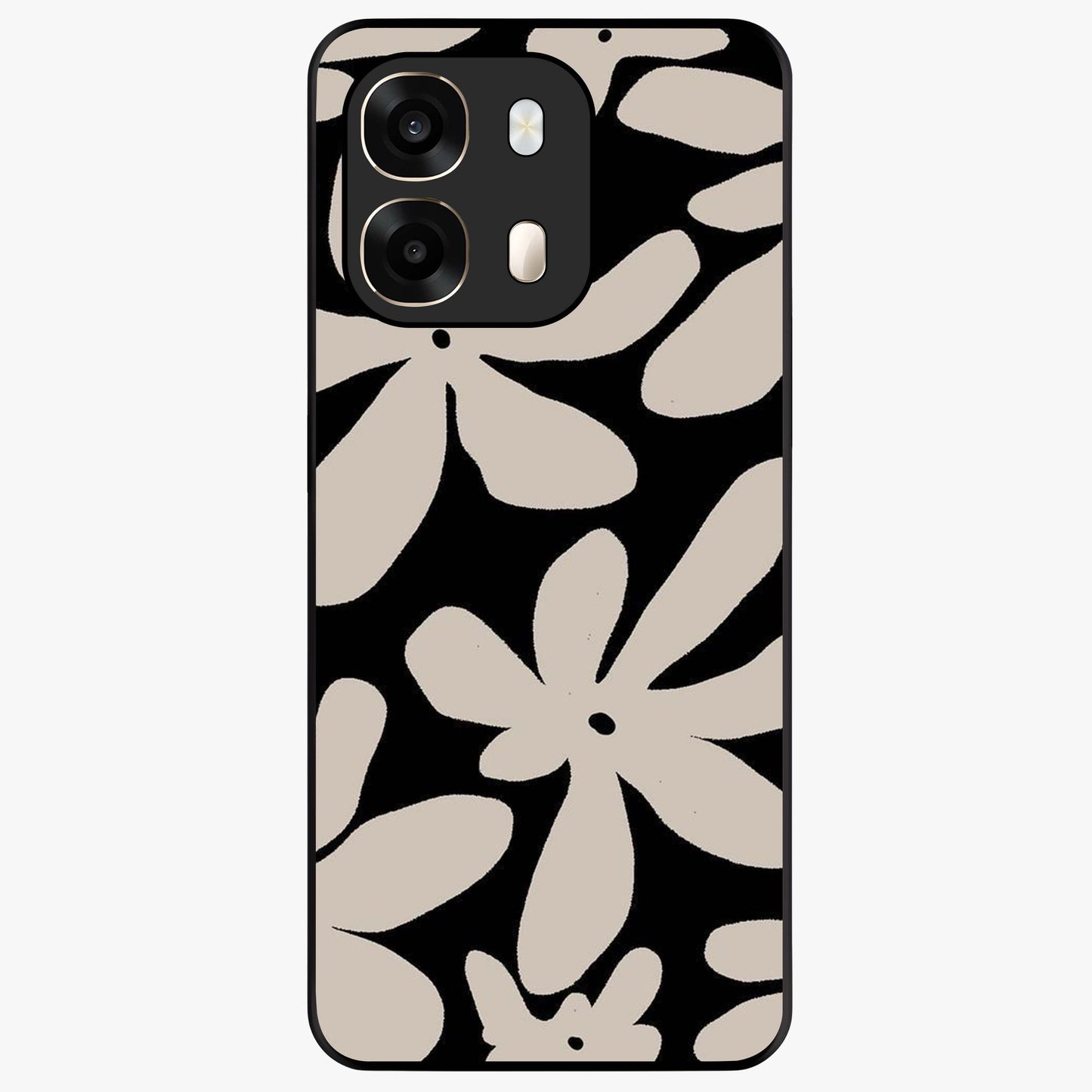 Monochrome Petal Dance Glass Case showing flat back view with monochrome floral artwork and glossy glass finish.