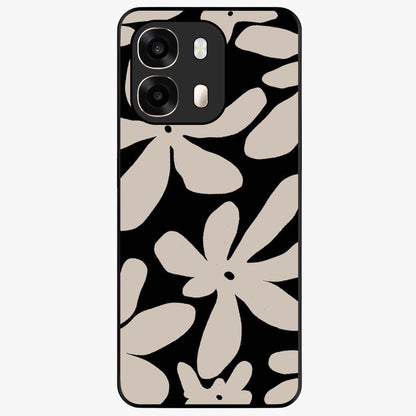 Monochrome Petal Dance Glass Case showing flat back view with monochrome floral artwork and glossy glass finish.