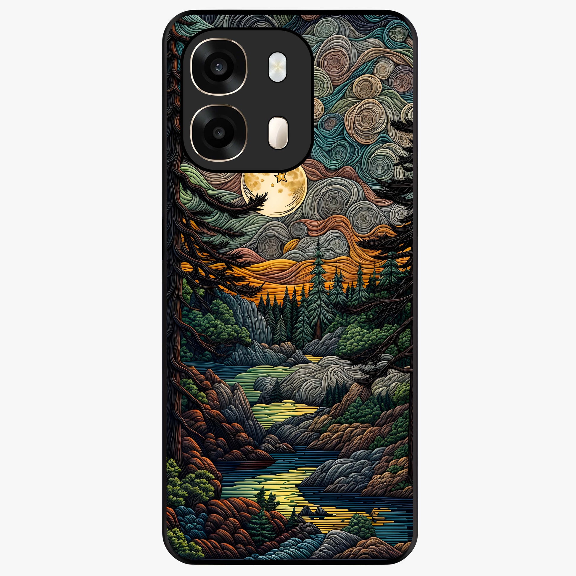 Moonlight Forest Dream Glass Case showing flat back view with mystical forest moonlight artwork and glossy glass finish.