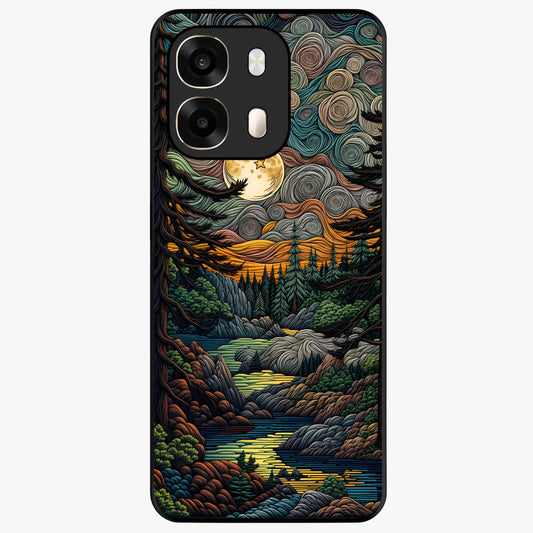 Moonlight Forest Dream Glass Case showing flat back view with mystical forest moonlight artwork and glossy glass finish.