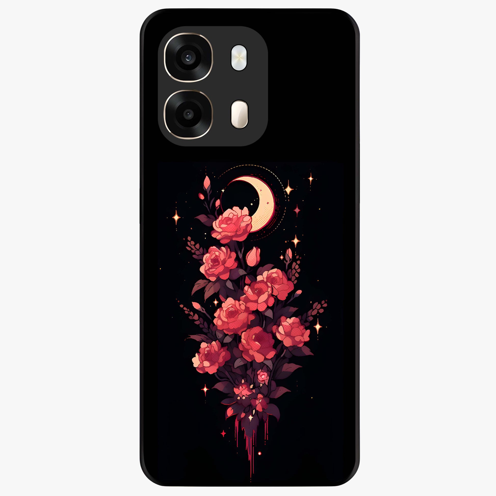 Moonlit Floral Elegance Glass Case showing flat back view with elegant floral artwork under moonlit tones and glossy glass finish.