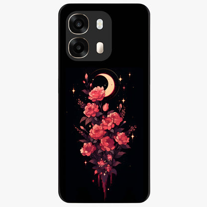 Moonlit Floral Elegance Glass Case showing flat back view with elegant floral artwork under moonlit tones and glossy glass finish.