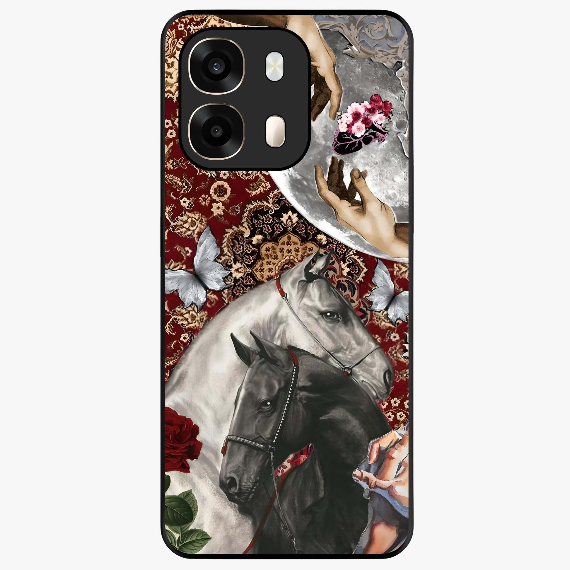 Moonlit Royal Stallion Glass Case showing flat back view with majestic horse under moonlight artwork and glossy glass finish.