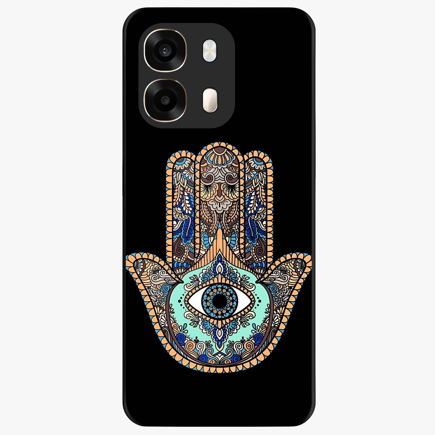 Mystic Hamsa Eye Glass Case showing flat back view with protective hamsa hand and evil eye artwork and glossy glass finish.