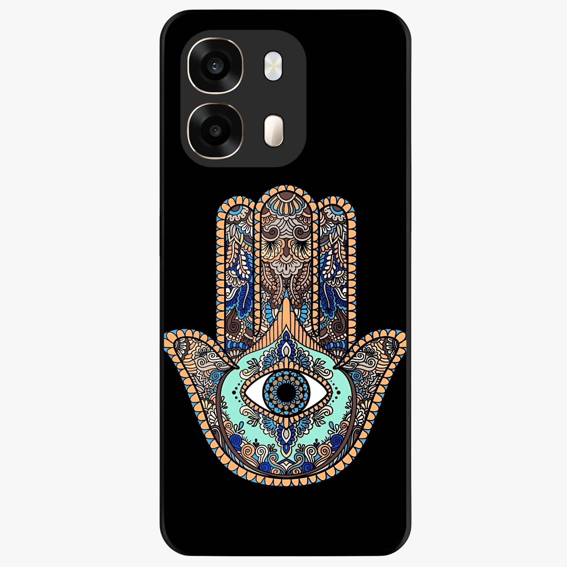 Mystic Hamsa Eye Glass Case showing flat back view with protective hamsa hand and evil eye artwork and glossy glass finish.