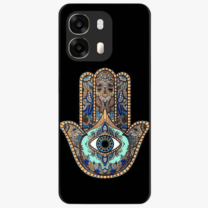 Mystic Hamsa Eye Glass Case showing flat back view with protective hamsa hand and evil eye artwork and glossy glass finish.