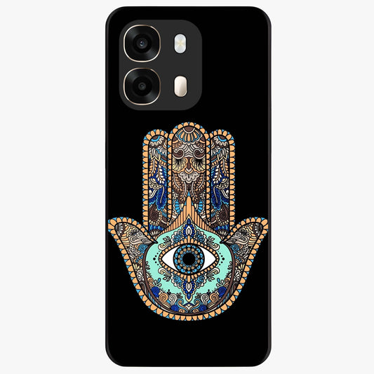 Mystic Hamsa Eye Glass Case showing flat back view with protective hamsa hand and evil eye artwork and glossy glass finish.