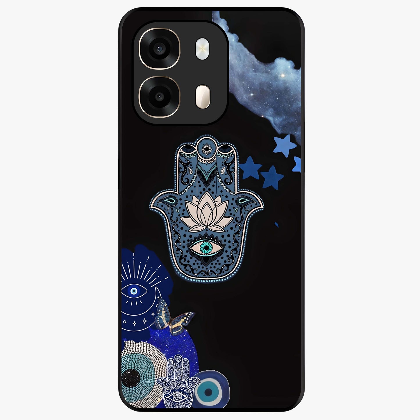 Mystic Hand Aura Glass Case showing flat back view with mystical hand symbol artwork and glossy glass finish.