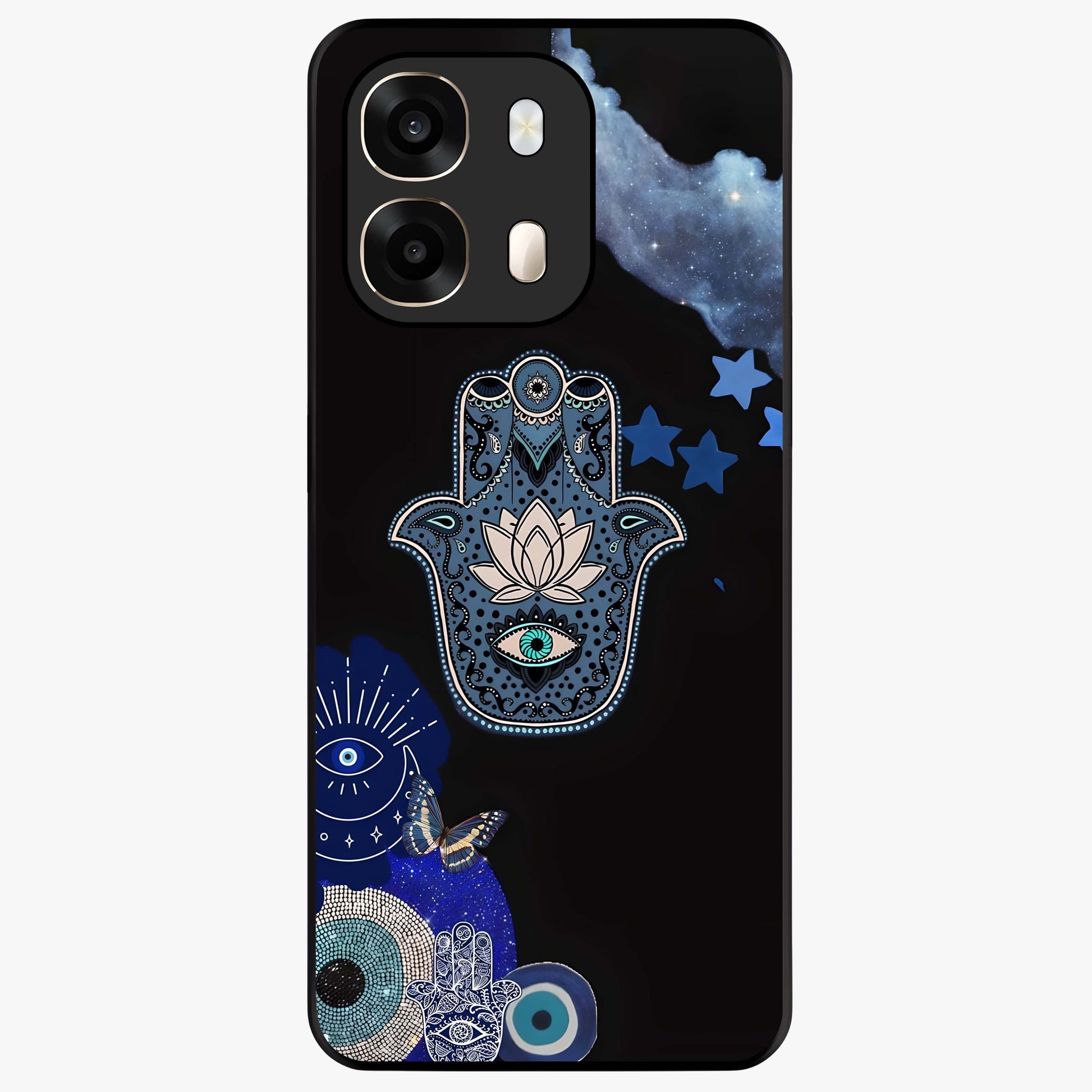 Mystic Hand Aura Glass Case showing flat back view with mystical hand symbol artwork and glossy glass finish.
