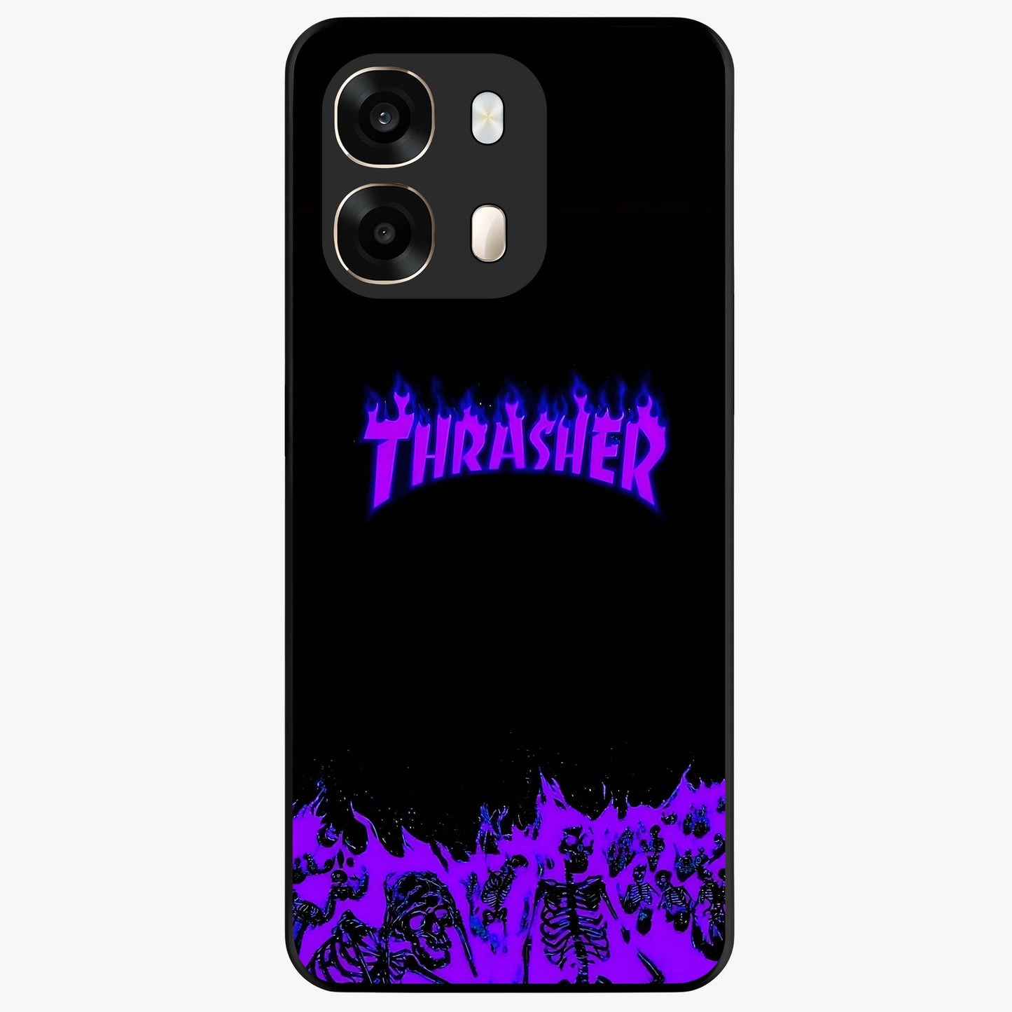 Neon Flame Riot Glass Case showing flat back view with neon flame artwork and glossy glass finish.