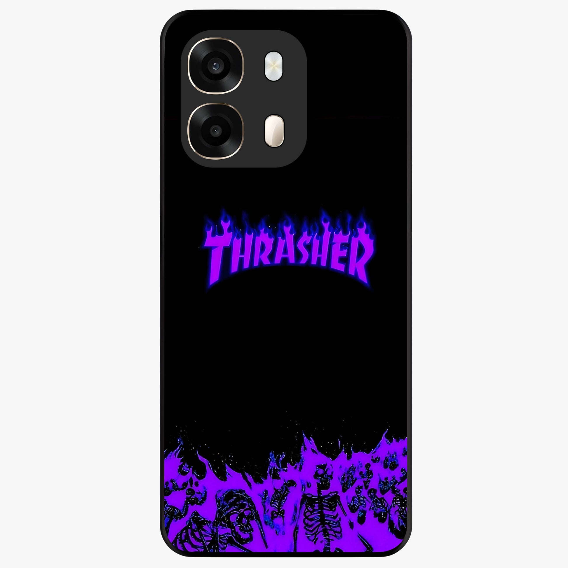 Neon Flame Riot Glass Case showing flat back view with neon flame artwork and glossy glass finish.