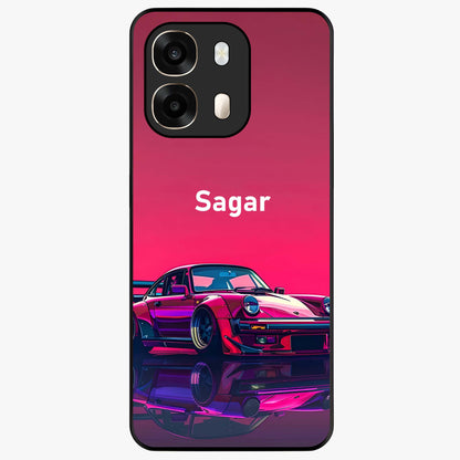 Neon Pink Porsche Glass Case showing flat back view with stylish sports car artwork and glossy glass finish.