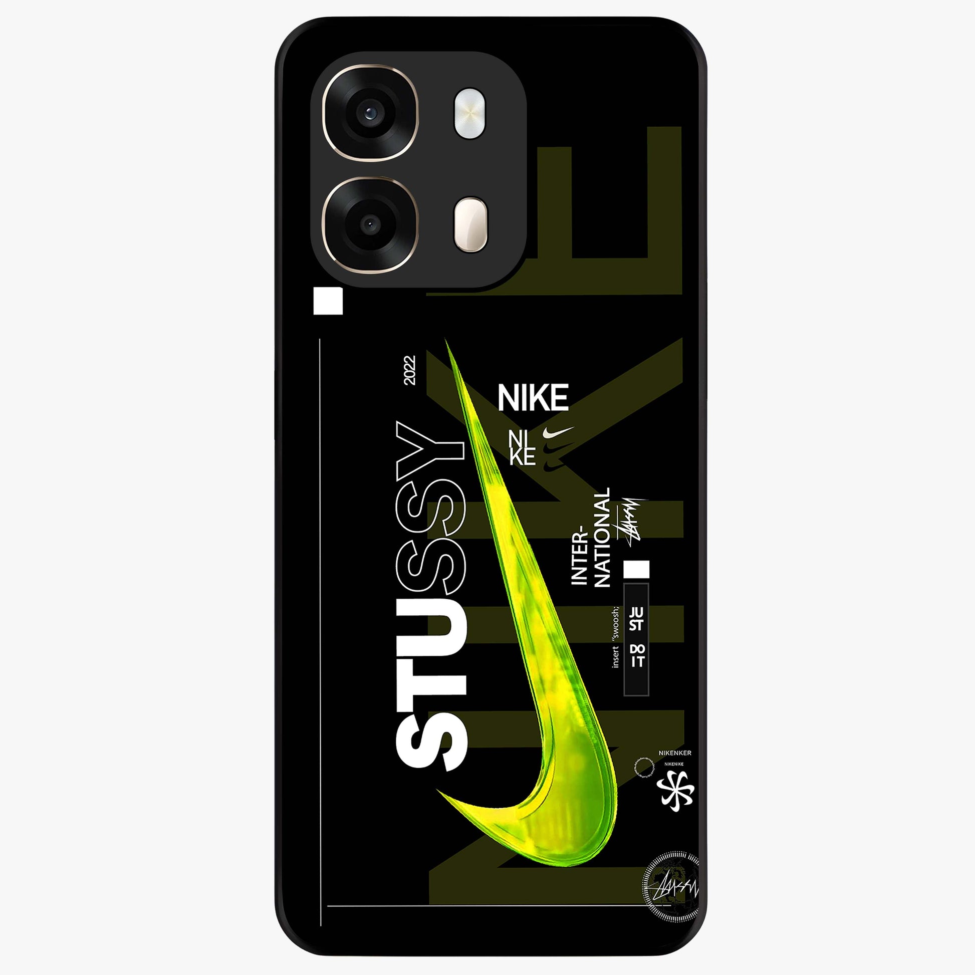 Neon Street Edition Glass Case showing flat back view with neon street style artwork and glossy glass finish.